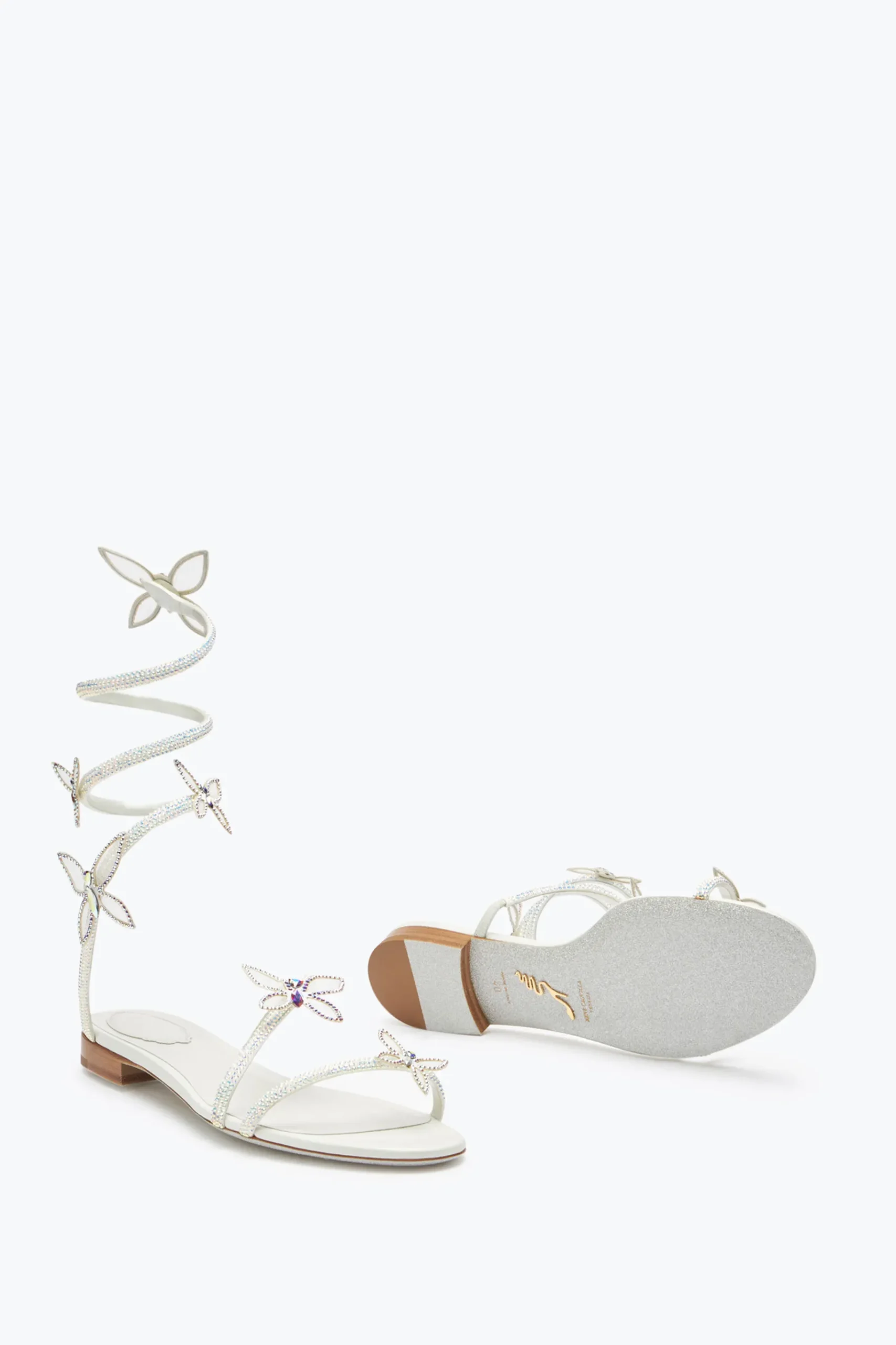Flat^Rene Caovilla Sandalo Butterflower Con Cristalli 10 Avorio