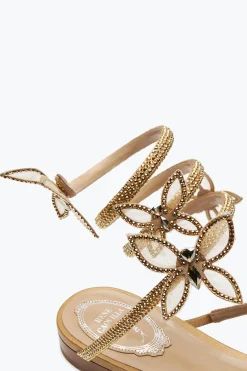 Flat^Rene Caovilla Sandalo Butterflower Con Cristalli 10 Oro