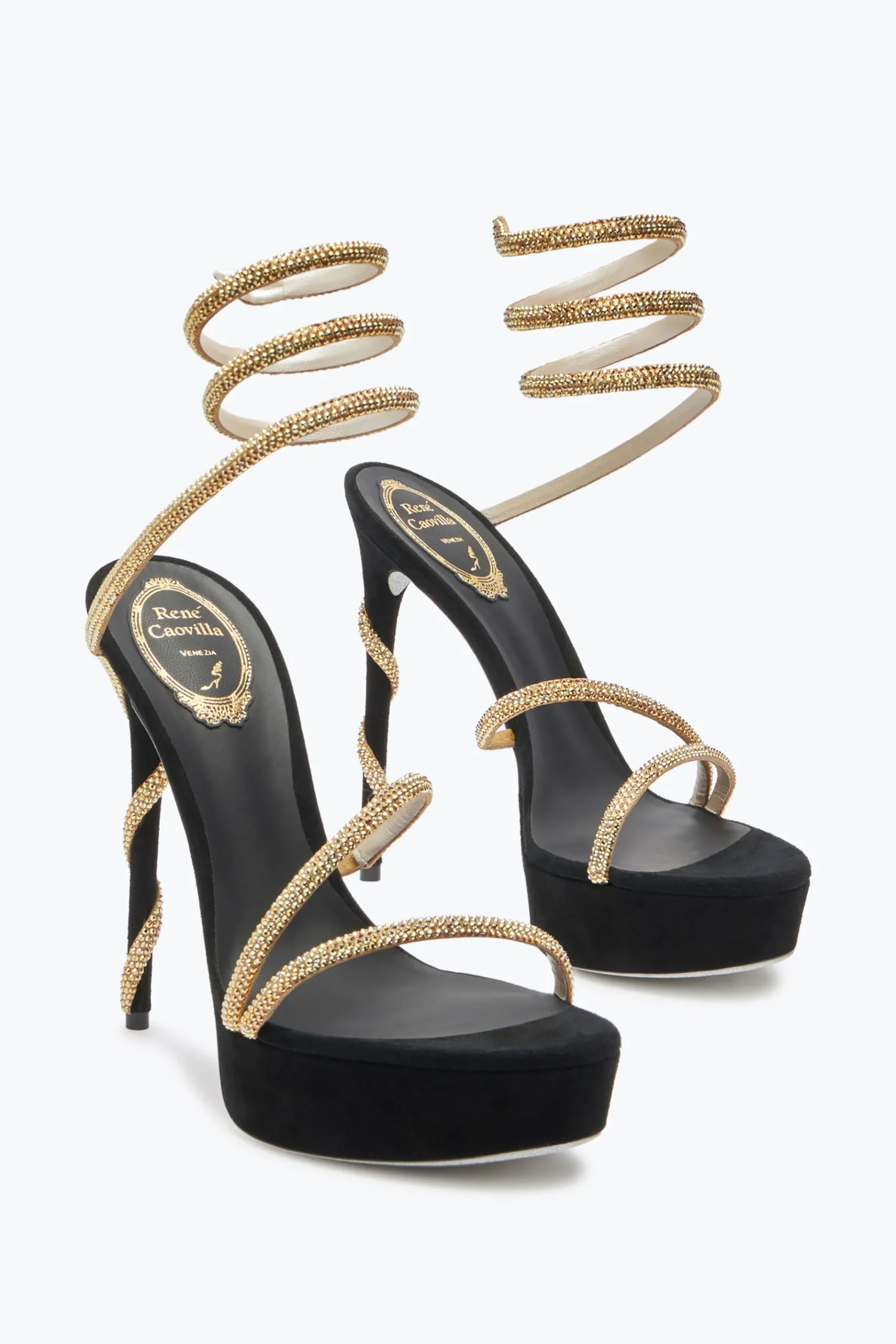 Platform|Sandali^Rene Caovilla Sandalo Con Plateau Margot -Oro Con Cristalli 130 Nero