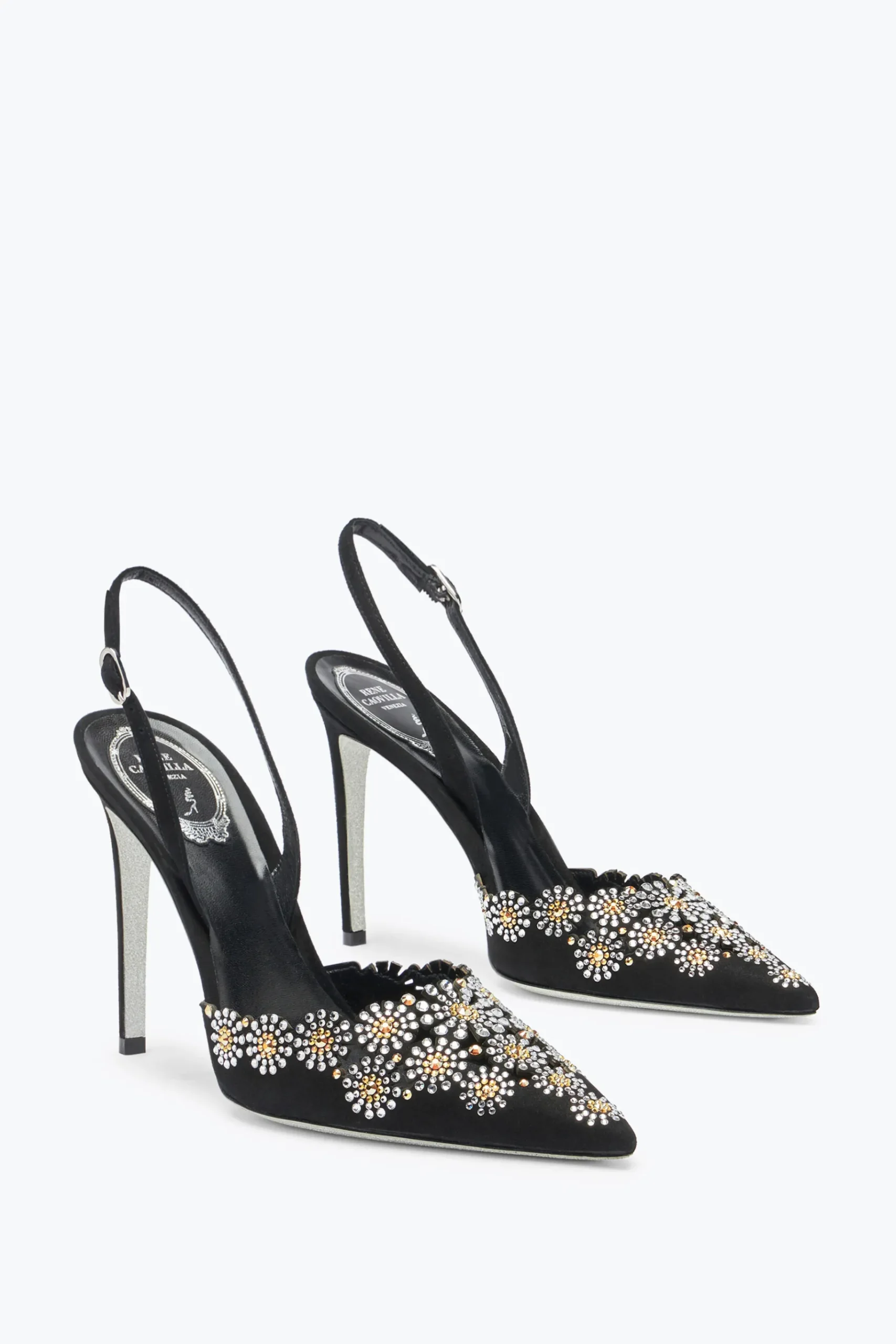 Slingback^Rene Caovilla Slingback Daisy In Suede Con Cristalli 105 Nero