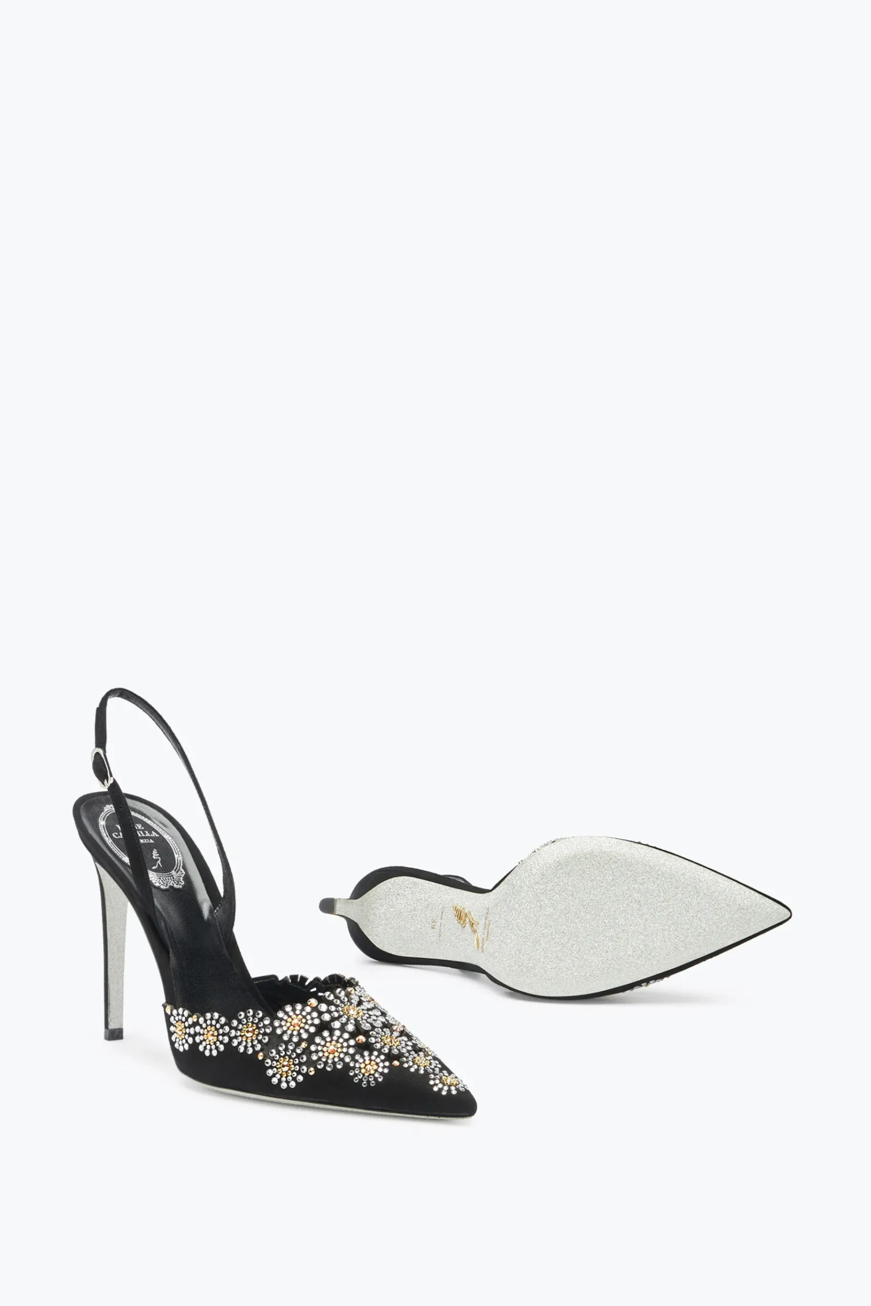 Slingback^Rene Caovilla Slingback Daisy In Suede Con Cristalli 105 Nero